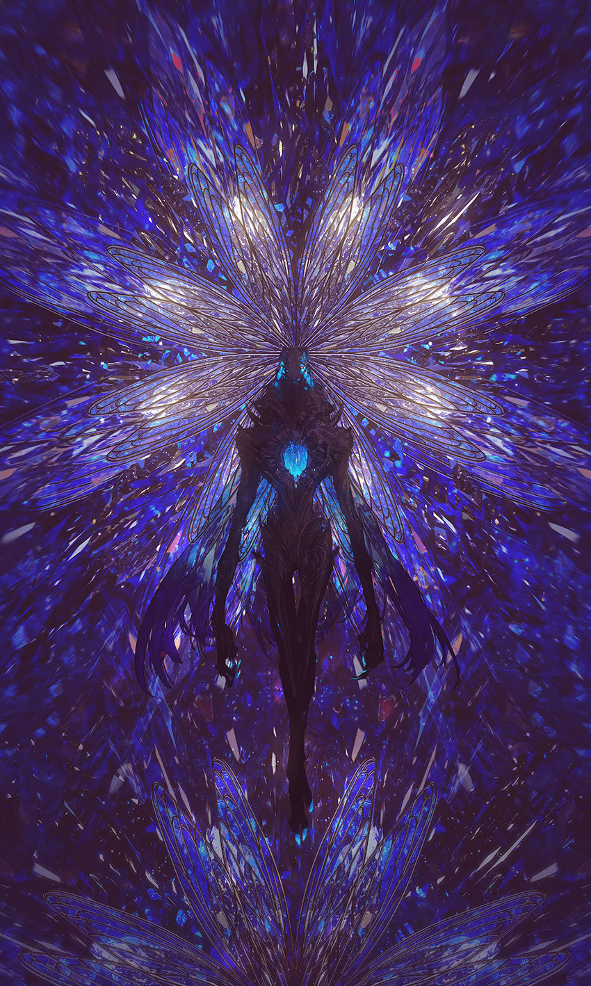 arms_at_sides blue_background blue_theme crossed_legs glowing highres looking_at_viewer monster original solo sparkle stained_glass standing thigh_gap washanapple watson_cross wings