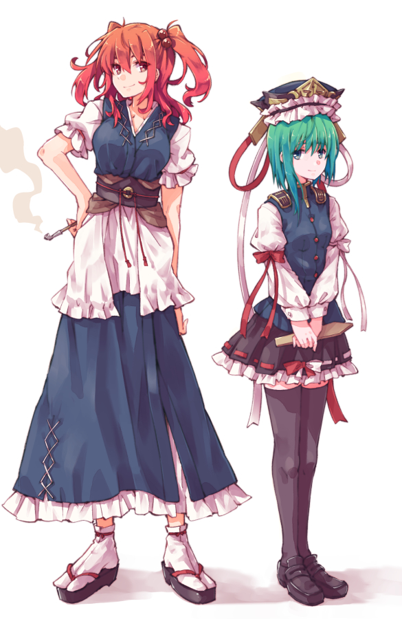 2girls arm_at_side arm_garter asymmetrical_hair bangs black_footwear black_legwear black_skirt blue_eyes blue_kimono blue_vest blush blush_stickers bow breasts brown_sash coin_on_string commentary_request dot_nose epaulettes eyebrows_visible_through_hair eyelashes feet_out_of_frame frilled_skirt frilled_sleeves frills full_body gold_trim green_hair hand_on_hip happy height_difference holding_own_arm japanese_clothes kimono kiseru kitsune_maru large_breasts loafers long_sleeves multiple_girls obi onozuka_komachi pipe puffy_short_sleeves puffy_sleeves red_bow red_button red_ribbon ribbon ribbon-trimmed_skirt ribbon_trim rod_of_remorse sandals sash shiki_eiki shirt shoes short_kimono short_sleeves sidelocks simple_background skirt small_breasts smile smoke socks standing sunlight thigh-highs touhou twintails vest white_background white_bow white_legwear white_ribbon white_shirt white_sleeves wide_sleeves