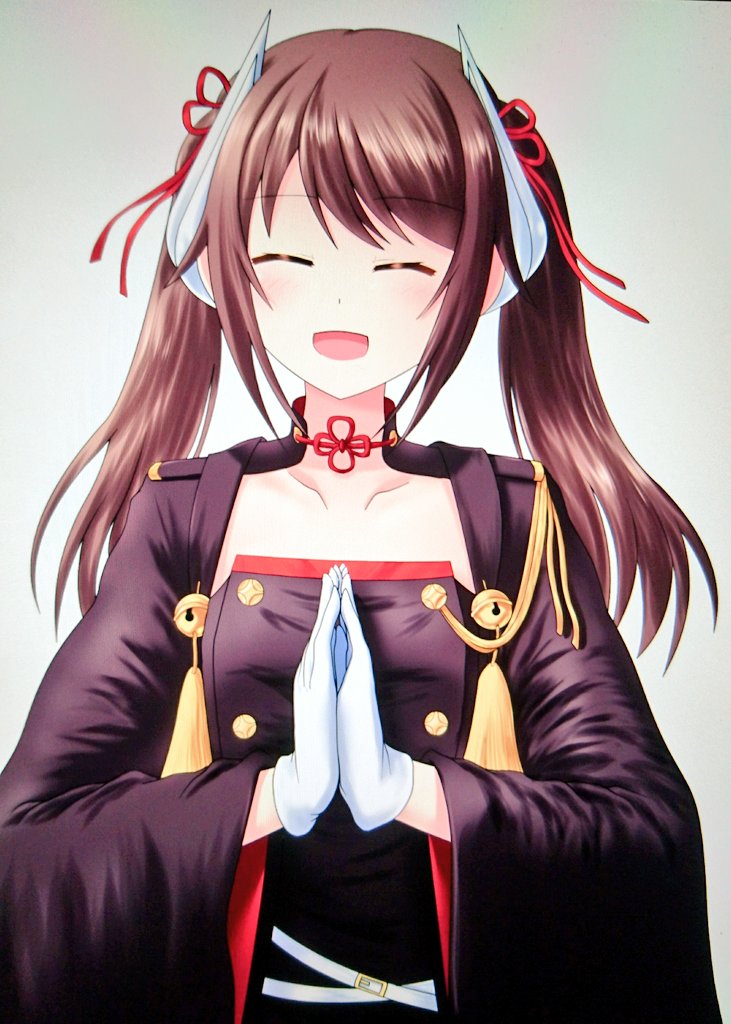 1girl azur_lane bangs blush brown_hair cipher_engage closed_eyes commentary_request gloves hair_between_eyes hair_ribbon haruna_(azur_lane) horns long_hair long_sleeves open_mouth own_hands_together ribbon smile solo twintails upper_body white_gloves