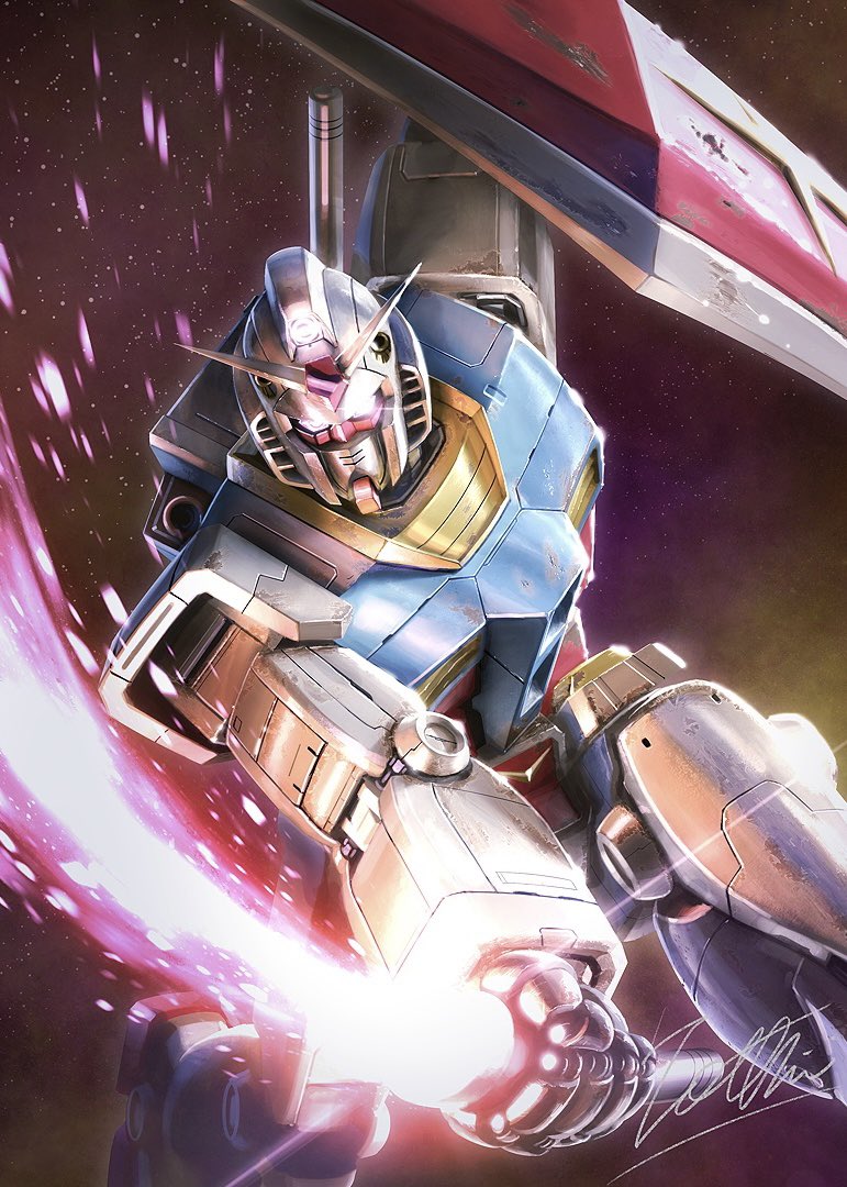beam_saber glowing glowing_eyes gundam holding holding_shield holding_sword holding_weapon looking_at_viewer mecha mobile_suit mobile_suit_gundam no_humans rx-78-2 science_fiction shield signature solo sword totthii0081 weapon