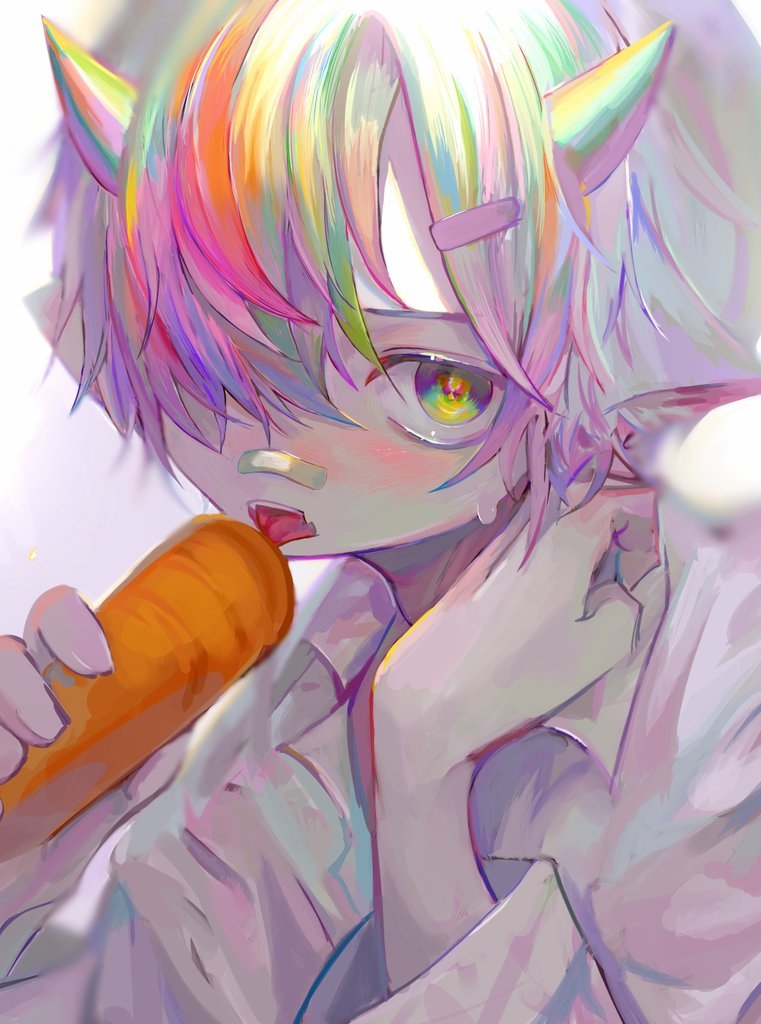 1boy bandaid bandaid_on_nose bangs carrot dress_shirt fang food hair_between_eyes hair_ornament hair_over_one_eye hairclip holding holding_carrot holding_food holding_vegetable horns hzk_(user_kemd2843) licking long_sleeves looking_at_viewer male_focus multicolored_eyes multicolored_hair orange_hair original pink_hair purple_hair redhead shirt simple_background skin_fang solo sweat symbol-only_commentary tongue upper_body vegetable white_background white_hair white_shirt