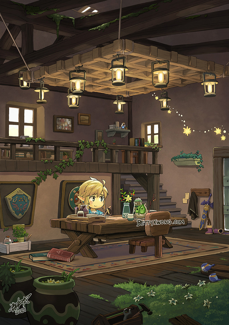 bettykwong bird blonde_hair blue_eyes book boots chair chibi door eating fingerless_gloves gloves grass house hylian_shield korok link looking_at_another master_sword plant pointy_ears pot shield smile sword table the_legend_of_zelda the_legend_of_zelda:_breath_of_the_wild toolbox triforce vase vines weapon web_address window