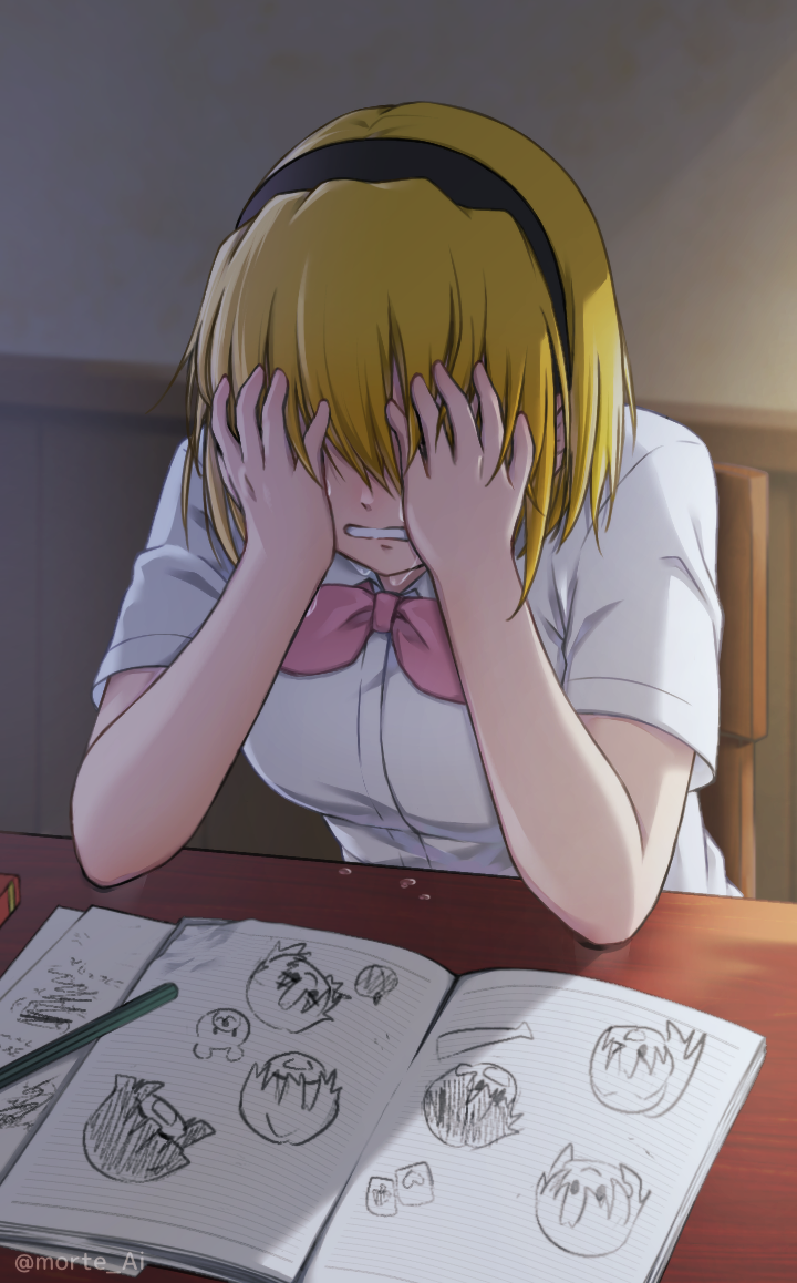 1girl angst bangs black_hairband blonde_hair breasts chair child_drawing classroom commentary covering_face crying desk elbows_on_table furude_rika hairband hands_on_own_face hands_up heart higurashi_no_naku_koro_ni houjou_satoko houjou_satoshi indoors large_breasts maebara_keiichi morte_ai neck_ribbon notebook on_chair parted_lips pencil pink_ribbon ribbon ryuuguu_rena sad school_chair school_desk school_uniform shirt short_hair short_sleeves sitting solo sonozaki_mion sonozaki_shion st._lucia_academy_school_uniform tears twitter_username upper_body watermark white_shirt