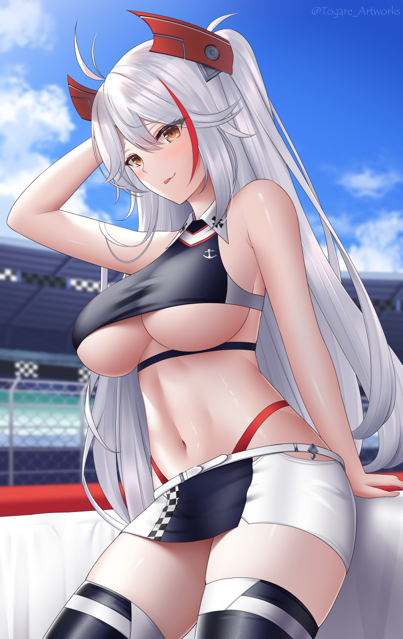 1girl ahoge arm_up azur_lane bangs blue_sky breasts closed_mouth eyebrows_visible_through_hair hair_ornament highres large_breasts leaning_back long_hair miniskirt multicolored_hair navel outdoors prinz_eugen_(azur_lane) prinz_eugen_(final_lap)_(azur_lane) racequeen racetrack raised_eyebrows redhead skirt sky solo streaked_hair thigh-highs thong togare tongue tongue_out two_side_up under_boob very_long_hair white_hair yellow_eyes