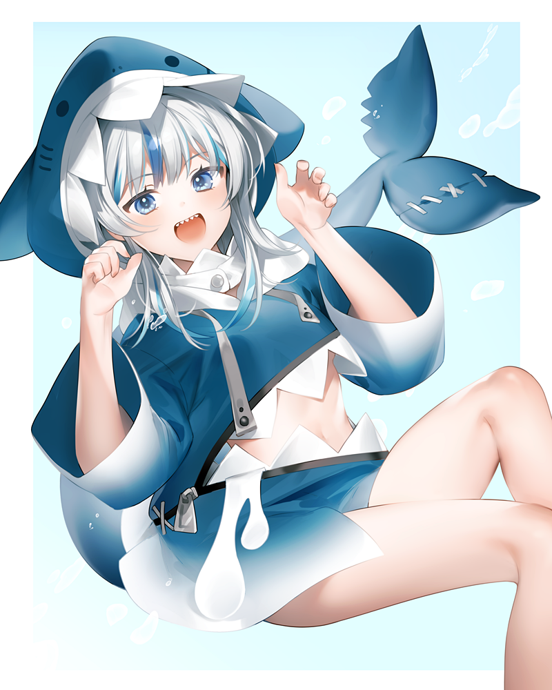 1girl :d animal_hood bangs bare_legs blue_eyes blue_hair blue_hoodie blush commentary_request eyebrows_visible_through_hair feet_out_of_frame fish_tail gawr_gura hands_up hololive hololive_english hood hood_up hoodie long_hair long_sleeves looking_at_viewer mannermana midriff multicolored_hair shark_hood shark_tail sharp_teeth silver_hair smile solo streaked_hair tail teeth upper_teeth virtual_youtuber wide_sleeves