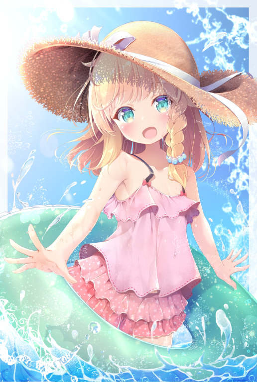 1girl blonde_hair blue_eyes braid camisole clouds hat innertube looking_at_viewer miniskirt open_mouth original outdoors pink_camisole pink_skirt pirason short_hair skirt sky smile solo sun_hat wading water