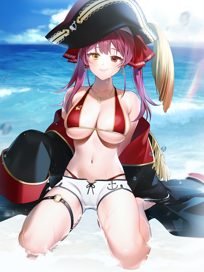 1girl bangs bare_legs bare_shoulders barefoot bikini black_coat black_headwear breasts closed_mouth coat commentary day earrings eyebrows_visible_through_hair hair_ribbon hat heart heart_earrings heart_necklace heterochromia highleg highleg_bikini hololive houshou_marine jewelry large_breasts long_hair long_sleeves mannermana navel ocean off_shoulder open_clothes open_coat outdoors pirate_hat red_bikini red_eyes red_ribbon redhead ribbon short_shorts shorts sitting sleeves_past_fingers sleeves_past_wrists smile solo stomach swimsuit twintails virtual_youtuber wariza water white_shorts yellow_eyes