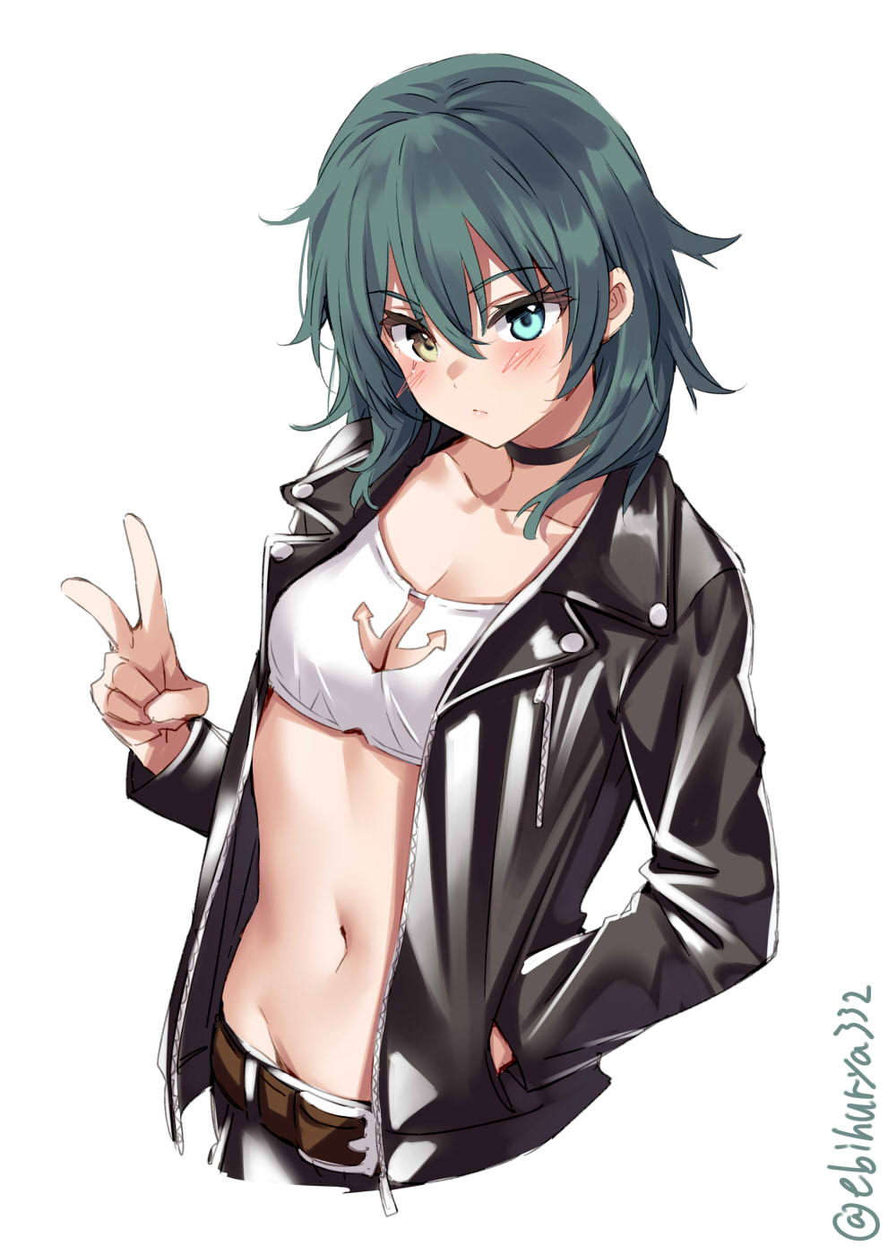 1girl alternate_costume anchor_symbol belt black_jacket blush breasts choker cowboy_shot crop_top ebifurya eyebrows_visible_through_hair green_eyes green_hair hand_in_pocket heterochromia highres jacket kantai_collection kiso_(kancolle) leather leather_jacket looking_at_viewer one-hour_drawing_challenge pants short_hair small_breasts solo twitter_username v white_background yellow_eyes