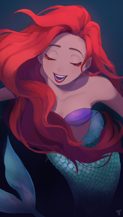 1girl ariel_(disney) arms_at_sides bare_arms bare_shoulders bikini bikini_top breasts closed_eyes collarbone colored_eyelashes dark_background darkness eyelashes facing_viewer floating_hair from_above lips long_hair mermaid midriff monster_girl music open_mouth pano_(mohayayamai) red_lips redhead scales shade shadow shell shell_bikini singing small_breasts solo strapless swimsuit teeth the_little_mermaid underwater very_long_hair wavy_hair