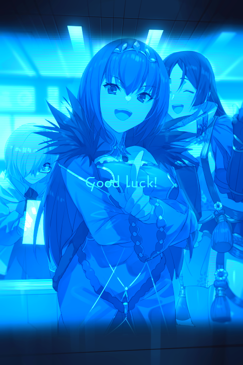 3girls bangs bare_shoulders black-framed_eyewear breasts closed_eyes closed_mouth collared_dress commentary crossed_arms detached_collar dress echo_(circa) english_text fate/grand_order fate_(series) feather_trim forehead glasses hair_between_eyes hair_over_one_eye hologram holographic_interface index_finger_raised indoors jacket japanese_clothes jewelry large_breasts long_hair long_sleeves looking_at_viewer mash_kyrielight minamoto_no_raikou_(fate) multiple_girls necktie one_eye_covered open_clothes open_jacket open_mouth parted_bangs pointing pointing_at_viewer scathach_(fate) scathach_skadi_(fate) short_hair smile tassel teeth tiara tongue twitter_username upper_body upper_teeth very_long_hair wide_sleeves