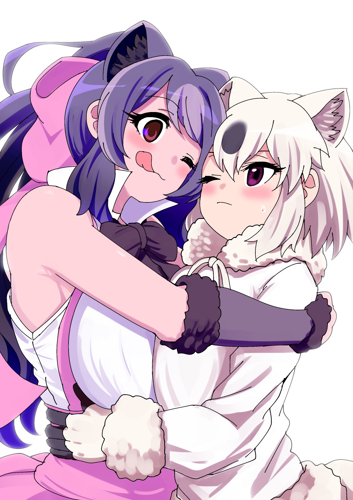 2girls :q animal_ear_fluff animal_ears arm_around_shoulder bangs bare_arms bare_shoulders bear_ears bear_girl bear_tail bergman's_bear_(kemono_friends) black_hair blush bow bowtie breast_press breasts closed_mouth collared_shirt colored_inner_hair empty_eyes extra_ears eye_contact eyebrows_visible_through_hair face-to-face fur-trimmed_sleeves fur_bracelet fur_collar fur_trim gloves grey_hair hair_between_eyes hair_bow hand_on_another's_waist height_difference high-waist_skirt high_collar high_ponytail highres hug huge_bow huge_breasts kemono_friends long_hair long_sleeves looking_at_another mamiyama medium_hair multicolored_hair multiple_girls neck_ribbon one_eye_closed polar_bear_(kemono_friends) ribbon shirt sidelocks simple_background skirt sleeveless sleeveless_shirt smile suspender_skirt suspenders sweater swept_bangs symmetrical_docking tail tongue tongue_out two-tone_hair violet_eyes white_background white_hair white_shirt