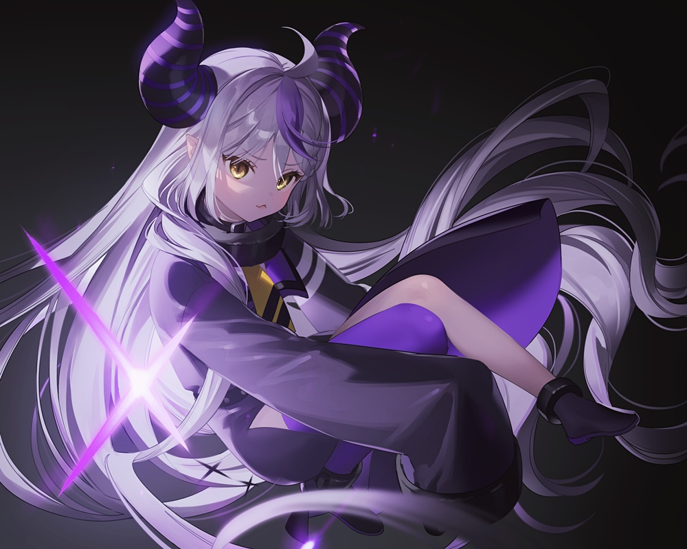 1girl absurdly_long_hair ahoge ankle_cuffs ascot bangs black_background blush commentary_request demon_horns dress eyebrows_visible_through_hair full_body hololive horns la+_darknesss long_hair long_sleeves looking_at_viewer mannermana multicolored_hair purple_dress purple_hair purple_legwear shoes silver_hair single_thighhigh sleeves_past_fingers sleeves_past_wrists solo streaked_hair tail thigh-highs very_long_hair virtual_youtuber yellow_ascot yellow_eyes