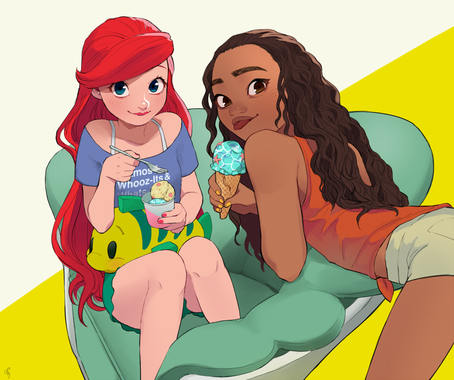 2girls ariel_(disney) armchair bangs bare_arms bare_legs bare_shoulders beige_background beige_shorts bent_over blouse blue_eyes brown_eyes brown_hair chair character_doll closed_mouth clothes_writing collarbone cup curly_hair dark-skinned_female dark_skin eyelashes fingernails flounder_(the_little_mermaid) food fork green_shorts holding holding_cup holding_food holding_fork ice_cream ice_cream_cone knees_together_feet_apart light_blush lips long_hair looking_at_viewer looking_back moana_(movie) moana_waialiki multiple_girls off_shoulder on_chair orange_tank_top pano_(mohayayamai) purple_blouse red_lips red_nails redhead shorts side-tie_shirt simple_background sitting smile smirk spaghetti_strap stuffed_animal stuffed_fish stuffed_toy swept_bangs tank_top the_little_mermaid thick_eyebrows tongue tongue_out two-tone_background very_long_hair wavy_hair wreck-it_ralph yellow_background yellow_nails