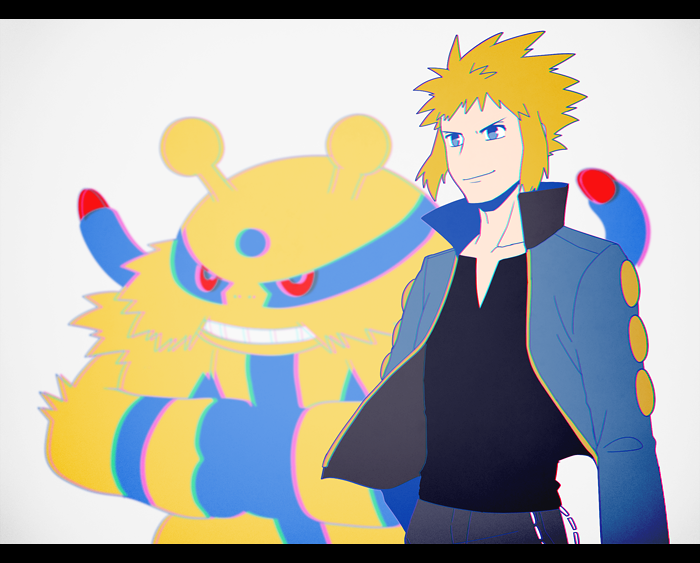 1boy black_shirt blonde_hair blue_eyes blue_jacket chromatic_aberration closed_mouth commentary_request electivire jacket jaho long_sleeves male_focus open_clothes open_jacket pants pokemon pokemon_(creature) pokemon_(game) pokemon_dppt shirt smile spiky_hair volkner_(pokemon)