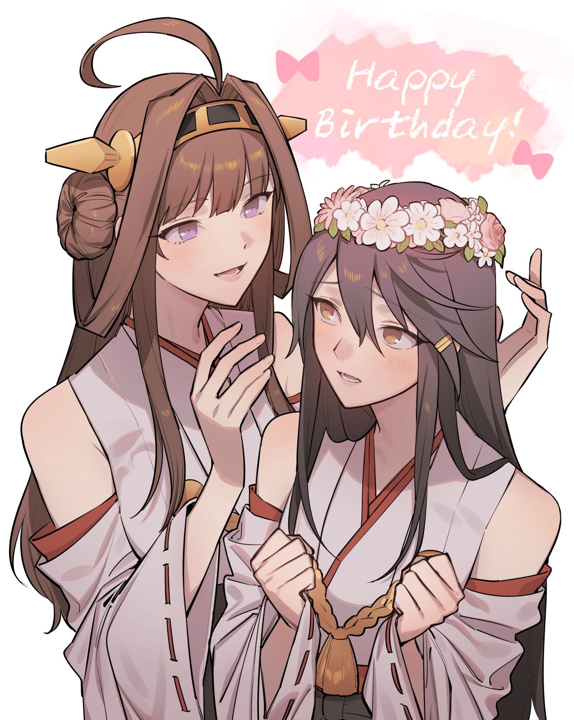 2girls ahoge black_hair brown_hair commentary_request detached_sleeves double_bun hair_ornament hairclip happy_birthday haruna_(kancolle) head_wreath headgear highres ikarin japanese_clothes kantai_collection kongou_(kancolle) long_hair multiple_girls ribbon-trimmed_sleeves ribbon_trim simple_background violet_eyes white_background