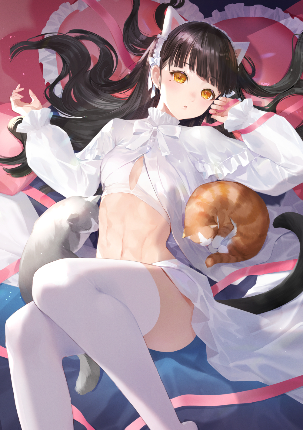 1girl animal animal_ears bangs black_hair blush bra breasts brown_eyes cat cat_ears cat_tail commentary eyebrows_visible_through_hair fake_animal_ears feet_out_of_frame hands_up highres knees_up long_hair long_sleeves looking_at_viewer mole mole_under_eye nima_(niru54) original parted_lips puffy_long_sleeves puffy_sleeves shirt sleeves_past_wrists small_breasts solo symbol-only_commentary tail thigh-highs underwear very_long_hair white_bra white_legwear white_shirt