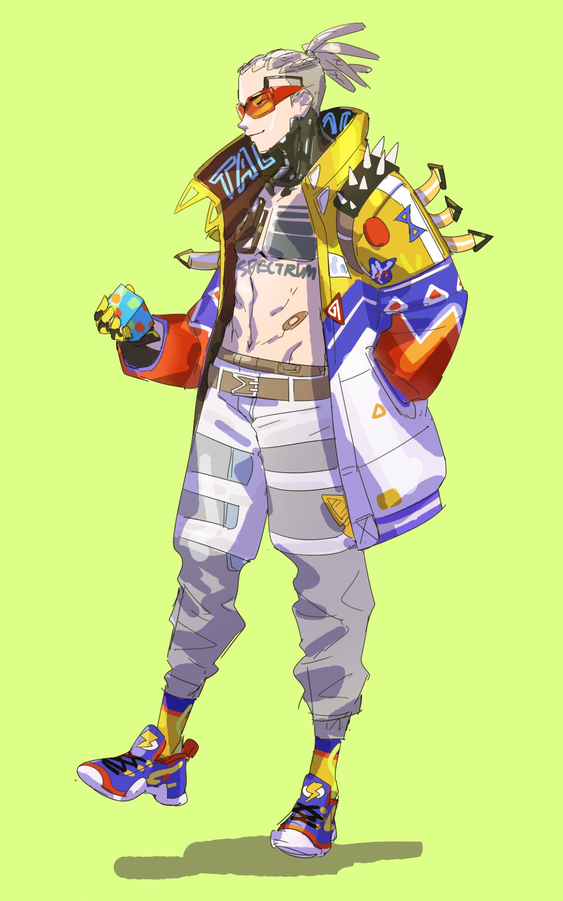 1boy apex_legends bandaid_on_stomach bare_pectorals blonde_hair chain cornrows crypto_(apex_legends) cube fashion gold_chain green_background grey_pants highres hip_hop holding hype_beast_crypto jacket male_focus multicolored_clothes multicolored_jacket navel official_alternate_costume open_clothes open_jacket pants pectorals purple_footwear shoes smile sneakers solo sunglasses thundergotch tied_hair undercut