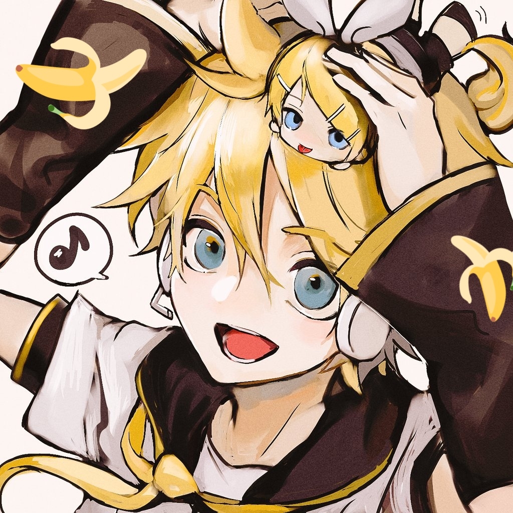 1boy 1girl banana black_sailor_collar blonde_hair blue_eyes brother_and_sister detached_sleeves emoji food fruit hair_between_eyes hair_ornament hairclip headphones headset hzk_(user_kemd2843) kagamine_len kagamine_rin minigirl musical_note neckerchief open_mouth sailor_collar siblings simple_background spiky_hair spoken_musical_note tongue tongue_out vocaloid white_background yellow_neckerchief