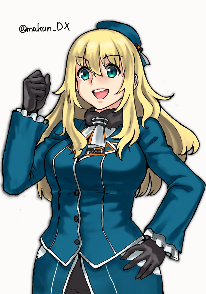 1girl atago_(kancolle) beret black_gloves blonde_hair blue_headwear breasts clenched_hand commentary_request cowboy_shot gloves hand_on_hip hat kantai_collection large_breasts long_hair makun_dx military military_uniform one-hour_drawing_challenge open_mouth round_teeth simple_background solo standing teeth twitter_username uniform upper_teeth white_background