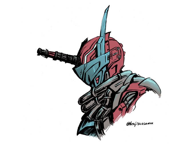 1boy armor black_horns blood_stalk blue_horns from_side head helmet horns kajisaosamu kamen_rider kamen_rider_build_(series) male_focus red_armor red_headwear single_horn twitter_username upper_body vest visor