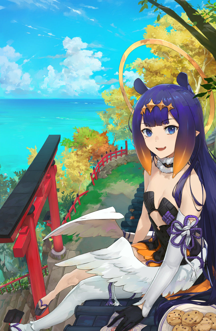 1girl :d bangs bare_shoulders black_gloves blue_eyes blue_sky blunt_bangs breasts clouds commentary cookie day detached_collar detached_sleeves diamond_hairband dress eyebrows_visible_through_hair fang fence food fur-trimmed_collar gloves halo highres hololive hololive_english horizon long_hair looking_at_viewer low_wings mole mole_under_eye ninomae_ina'nis on_roof open_mouth outdoors plate platform_footwear pointy_ears purple_hair single_detached_sleeve sitting skin_fang sky small_breasts smile solo strapless strapless_dress torii tree unsomnus very_long_hair virtual_youtuber white_wings wings