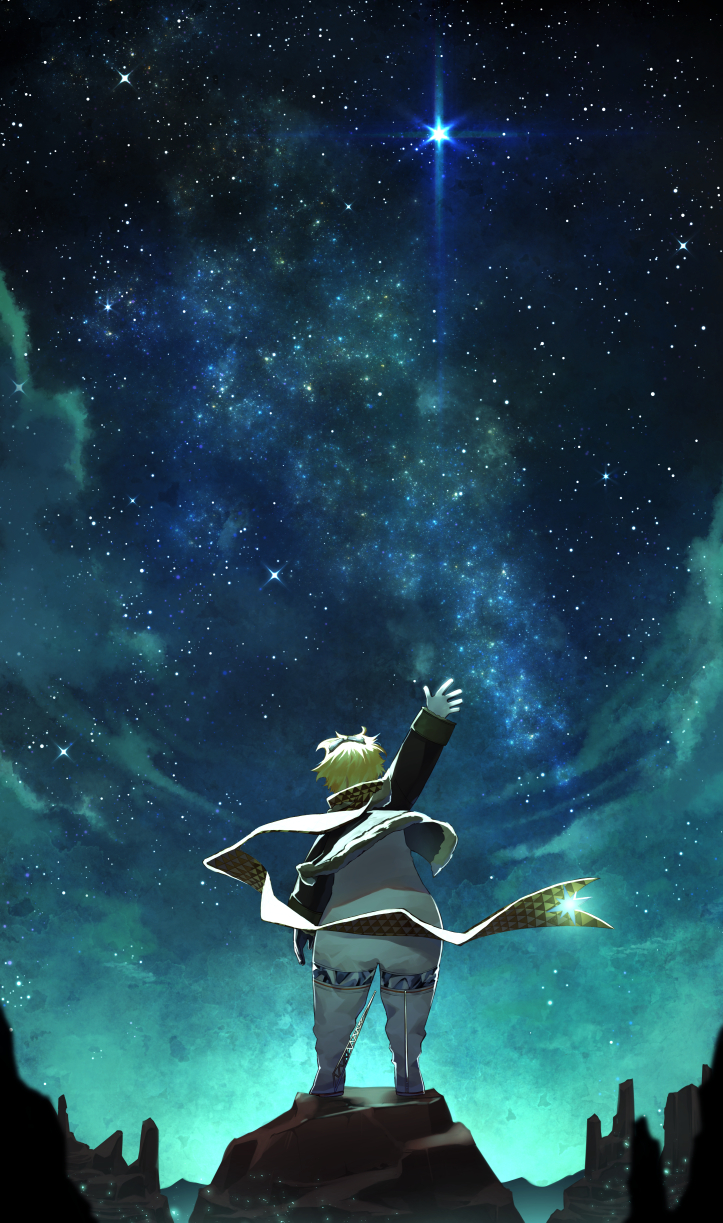1boy back blonde_hair clouds commentary_request fate/grand_order fate/requiem fate_(series) gloves highres itsumi_mita male_focus night night_sky revision scarf sky solo spacesuit star_(sky) starry_sky voyager_(fate) waving white_gloves
