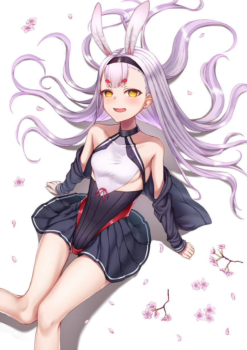 1girl animal_ears azur_lane bangs bare_shoulders black_jacket blue_skirt blush breasts collarbone dress eyebrows_visible_through_hair from_above hairband hands_on_floor highres jacket jacket_pull long_hair looking_at_viewer medium_breasts naga_(pixiv70891418) on_floor open_mouth petals rabbit_ears shimakaze_(azur_lane) silver_hair skirt solo white_background yellow_eyes
