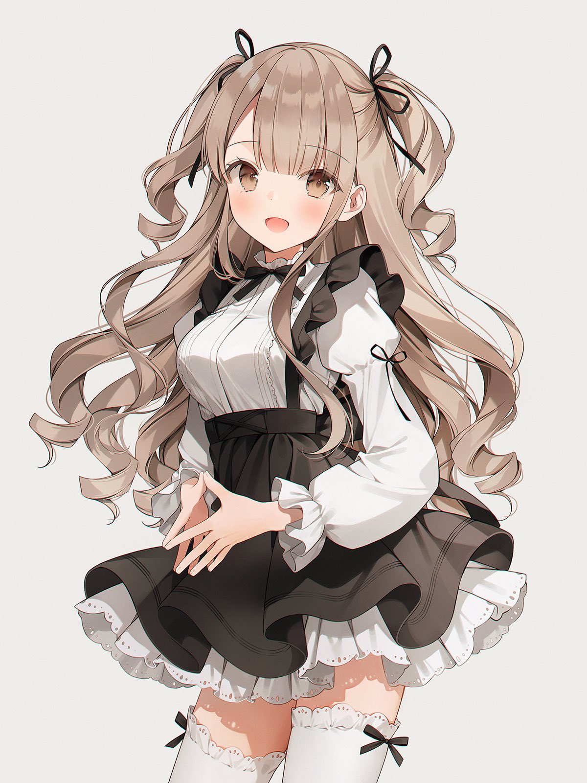 1girl apron bangs black_apron black_skirt blonde_hair blush breasts cowboy_shot dress drill_hair eyebrows_visible_through_hair eyes_visible_through_hair frilled_legwear hair_ribbon high_collar highres large_breasts leg_ribbon light_blush long_hair long_sleeves looking_at_viewer looking_to_the_side open_mouth parted_bangs pleated_dress pleated_skirt ribbon simple_background skirt smile solo thigh-highs thighs weri white_dress