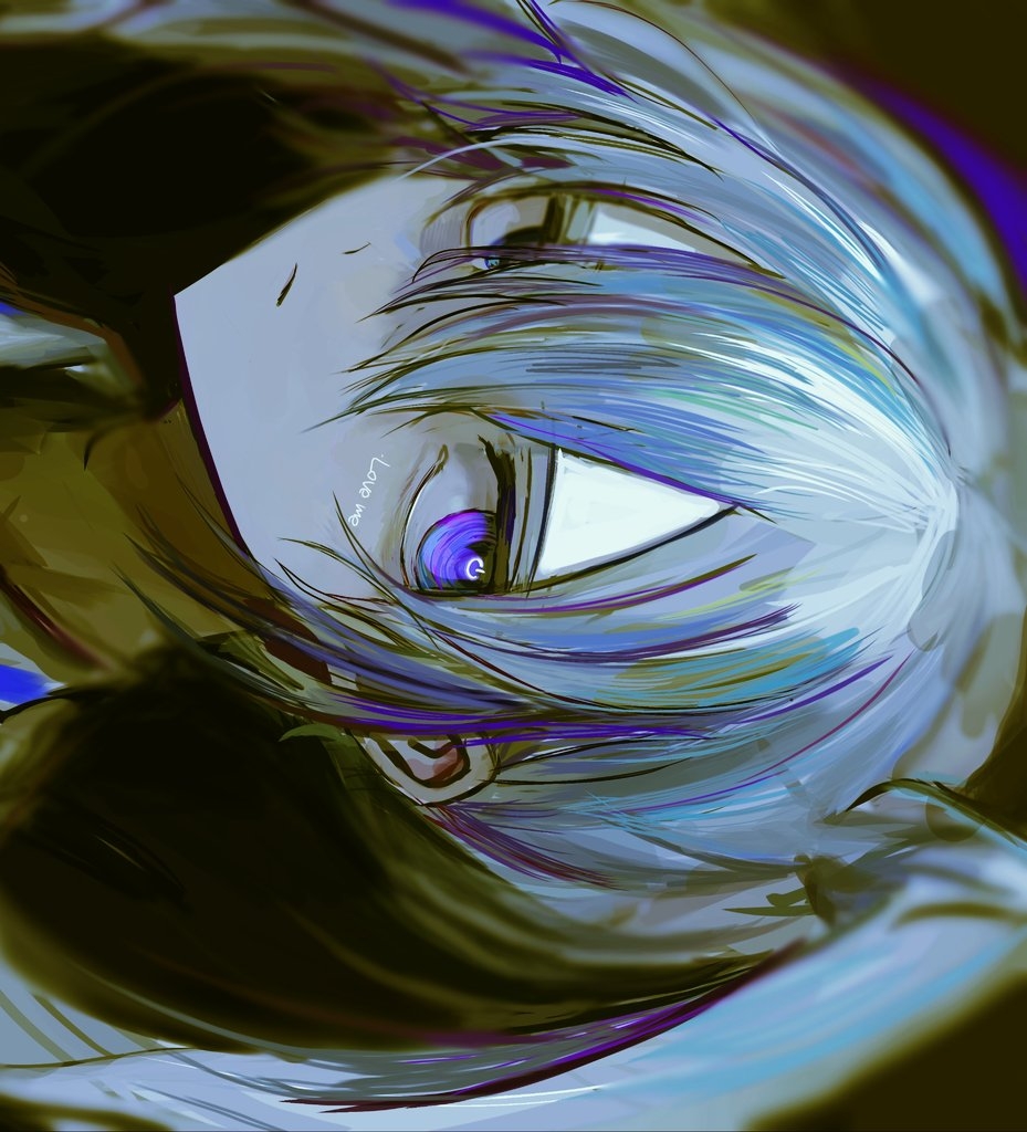 1girl bangs black_background blue_hair body_writing closed_mouth commentary_request hair_between_eyes hatsune_miku hzk_(user_kemd2843) limited_palette long_hair multicolored_hair portrait power_symbol power_symbol-shaped_pupils purple_hair simple_background solo twintails violet_eyes vocaloid white_hair