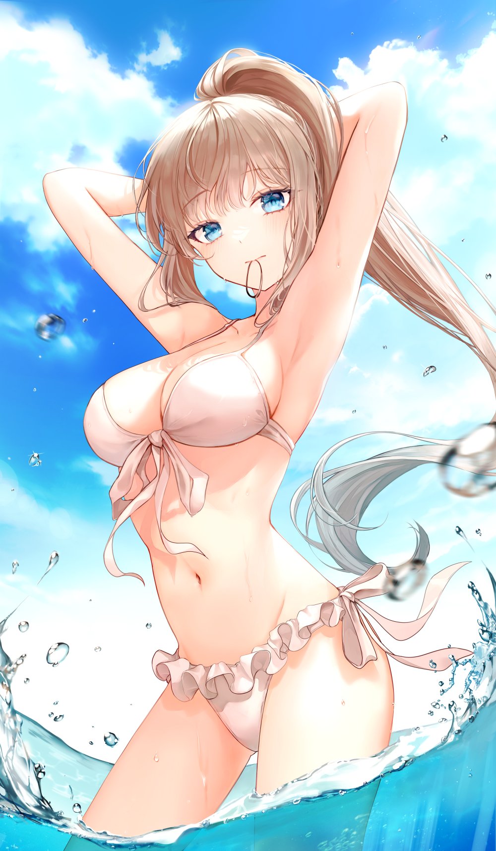 1girl 723/nanahumi adjusting_hair aqua_eyes bikini blonde_hair blush breasts breasts_outside clouds cloudy_sky copyright_request cowboy_shot eyebrows_visible_through_hair frilled_panties frills hair_ornament_removed highres in_mouth in_water large_breasts long_hair outdoors panties shiny shiny_hair sky solo swimsuit thighs underwear water_drop waves white_panties