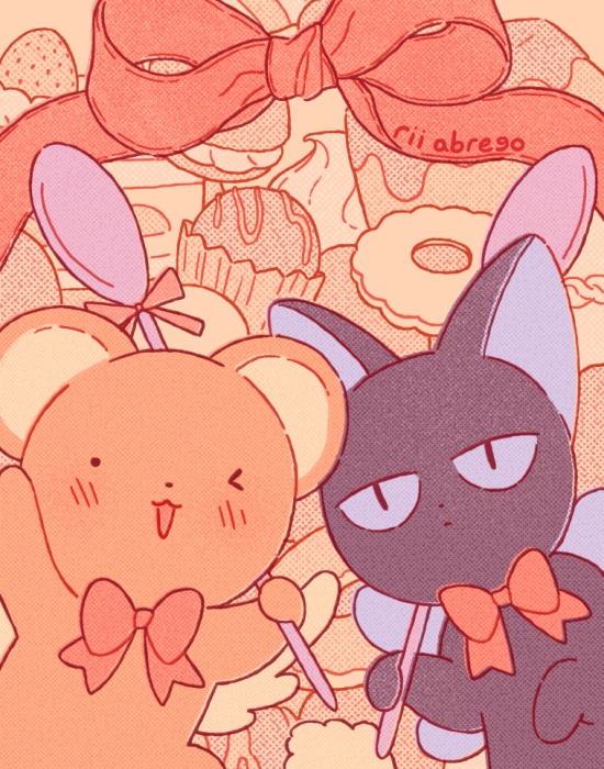 ._. :&lt; ;3 animal_focus arm_up blue_eyes blush bow bowtie cardcaptor_sakura closed_mouth cookie creature cropped expressionless food food-themed_background fruit hand_up holding holding_spoon jam_cookie kero looking_at_viewer monochrome_background muted_color no_humans one_eye_closed parted_lips red_bow red_bowtie red_ribbon reward_available ribbon rii_abrego signature slit_pupils smile spoon strawberry suppi sweets thumbprint_cookie upper_body waving waving_arm whipped_cream wings