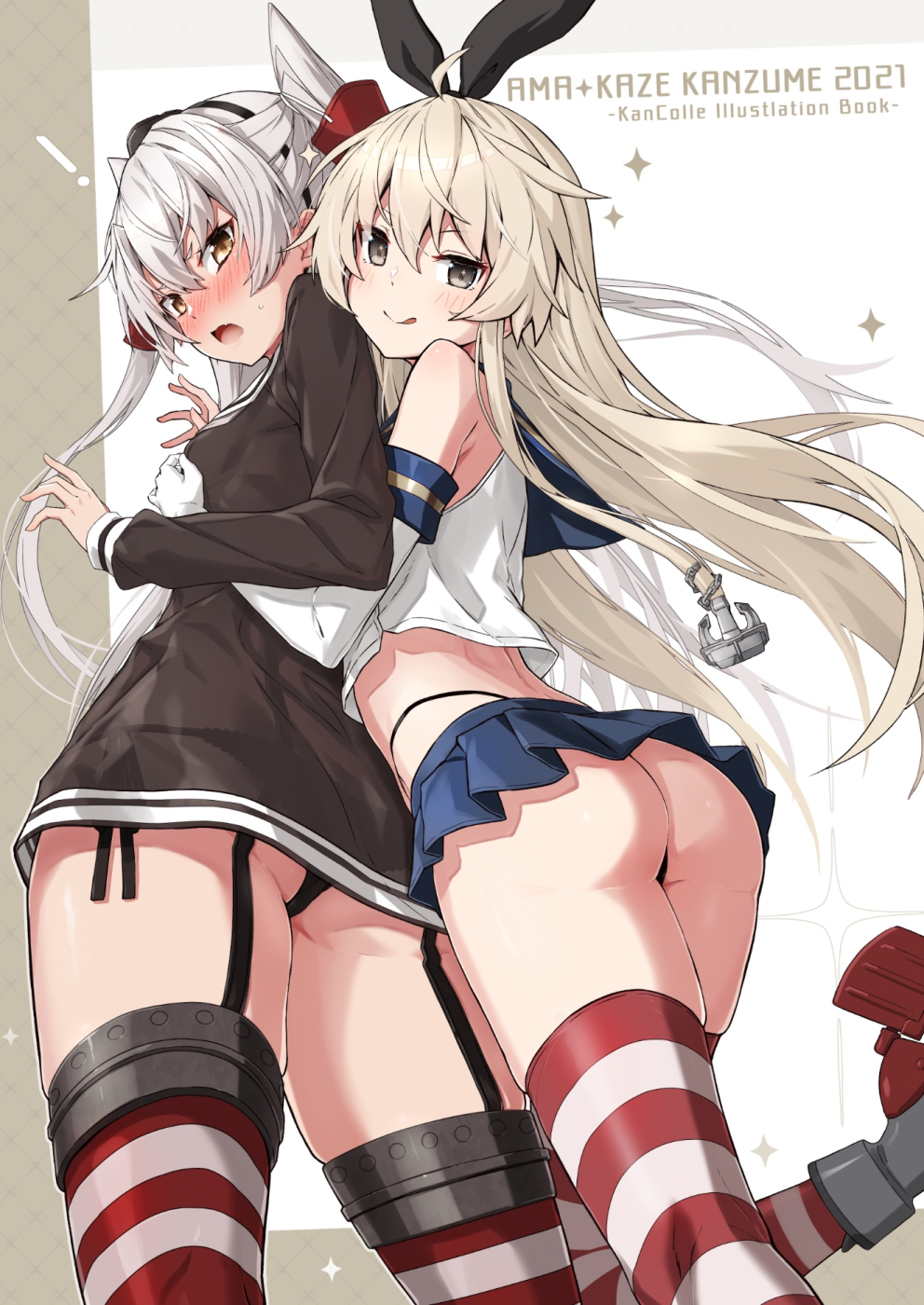 ! 2girls amatsukaze_(kancolle) ass black_hairband black_panties blonde_hair blue_sailor_collar blue_skirt breast_grab brown_dress cowboy_shot crop_top dress elbow_gloves garter_straps gloves grabbing grey_eyes hair_tubes hairband highleg highleg_panties highres hug hug_from_behind kantai_collection long_hair microskirt miniskirt multiple_girls panties red_legwear sailor_collar sailor_dress shimakaze_(kancolle) short_dress silver_hair skirt sleeveless smokestack_hair_ornament striped striped_legwear takanashi_kei_(hitsujikan) thigh-highs two_side_up underwear white_gloves white_sailor_collar windsock