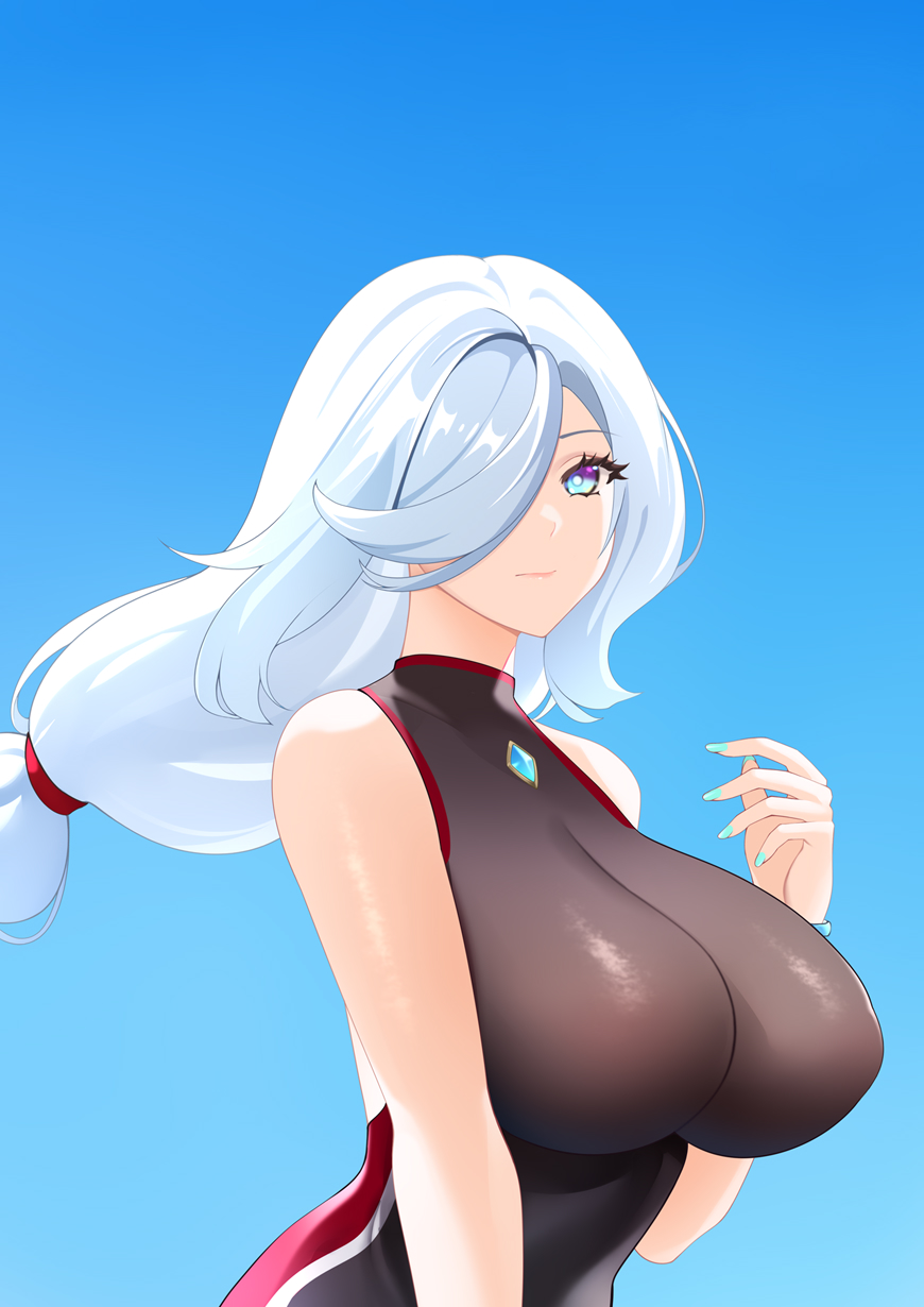 1girl bare_shoulders black_swimsuit blue_background blue_eyes breasts chest_jewel closed_mouth competition_swimsuit genshin_impact gradient gradient_background hair_over_one_eye highres impossible_clothes impossible_swimsuit large_breasts long_hair low_ponytail one-piece_swimsuit shenhe_(genshin_impact) silver_hair smile solo swimsuit toki_to_shishin upper_body
