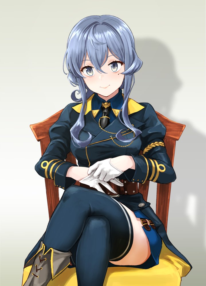 1girl black_neckwear blue_eyes blue_hair blue_sailor_collar blue_skirt boots chair collared_shirt commentary_request commission cross-laced_footwear crossed_legs gloves gotland_(kancolle) grey_footwear hair_bun half_gloves kantai_collection lace-up_boots long_hair looking_at_viewer mole mole_under_eye necktie remodel_(kantai_collection) sailor_collar shirt sitting skirt solo thigh-highs watanore white_gloves