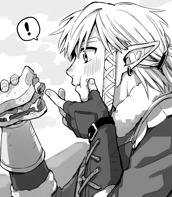 ! 1boy :t bangs blush clouds commentary_request ear_blush earrings eating fingerless_gloves food food_bite food_on_face from_side fur_collar gloves greyscale hair_ribbon hair_tie hands_up holding holding_food jewelry link long_sleeves male_focus monochrome mountain nose_blush outdoors pointy_ears ponytail profile ribbon sandwich shijima_(4jima) short_hair sidelocks sketch snowquill_set_(zelda) solo speech_bubble spoken_exclamation_mark the_legend_of_zelda the_legend_of_zelda:_breath_of_the_wild tied_hair upper_body