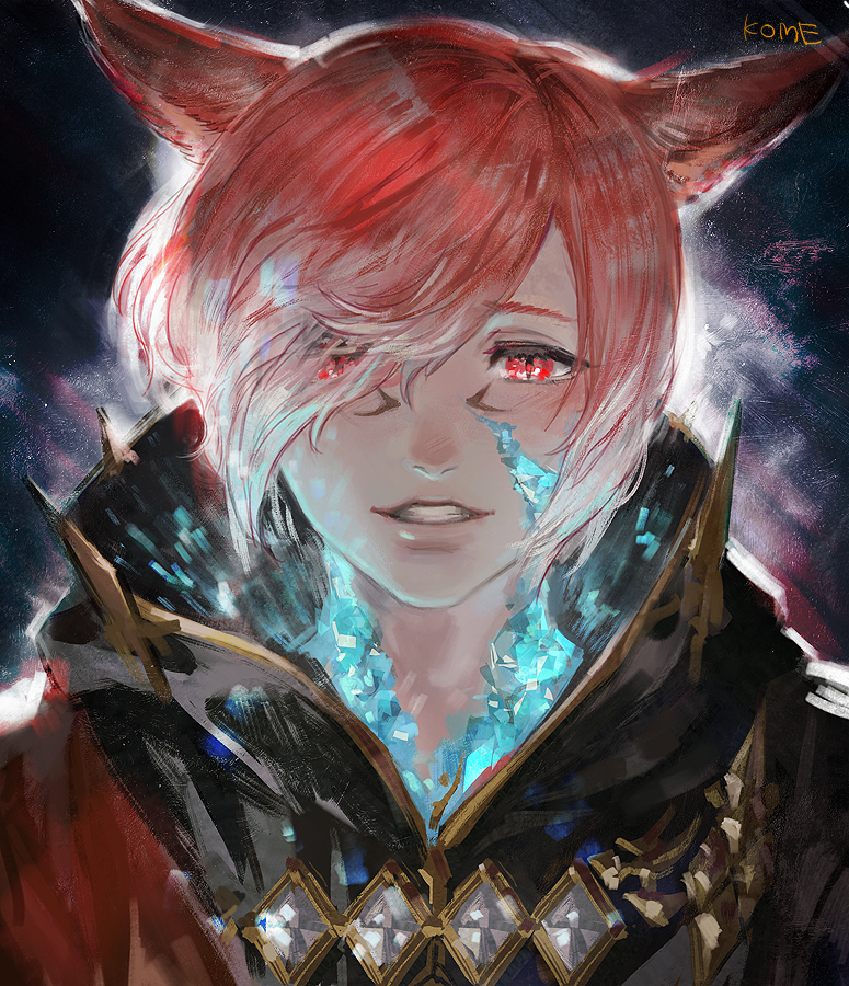 1boy animal_ears bangs black_background cat_ears crystal crystal_exarch facial_mark final_fantasy final_fantasy_xiv frischenq gradient_hair hair_over_one_eye hood hood_down looking_at_viewer male_focus miqo'te multicolored_hair parted_lips portrait red_eyes redhead short_hair signature slit_pupils smile solo spoilers swept_bangs