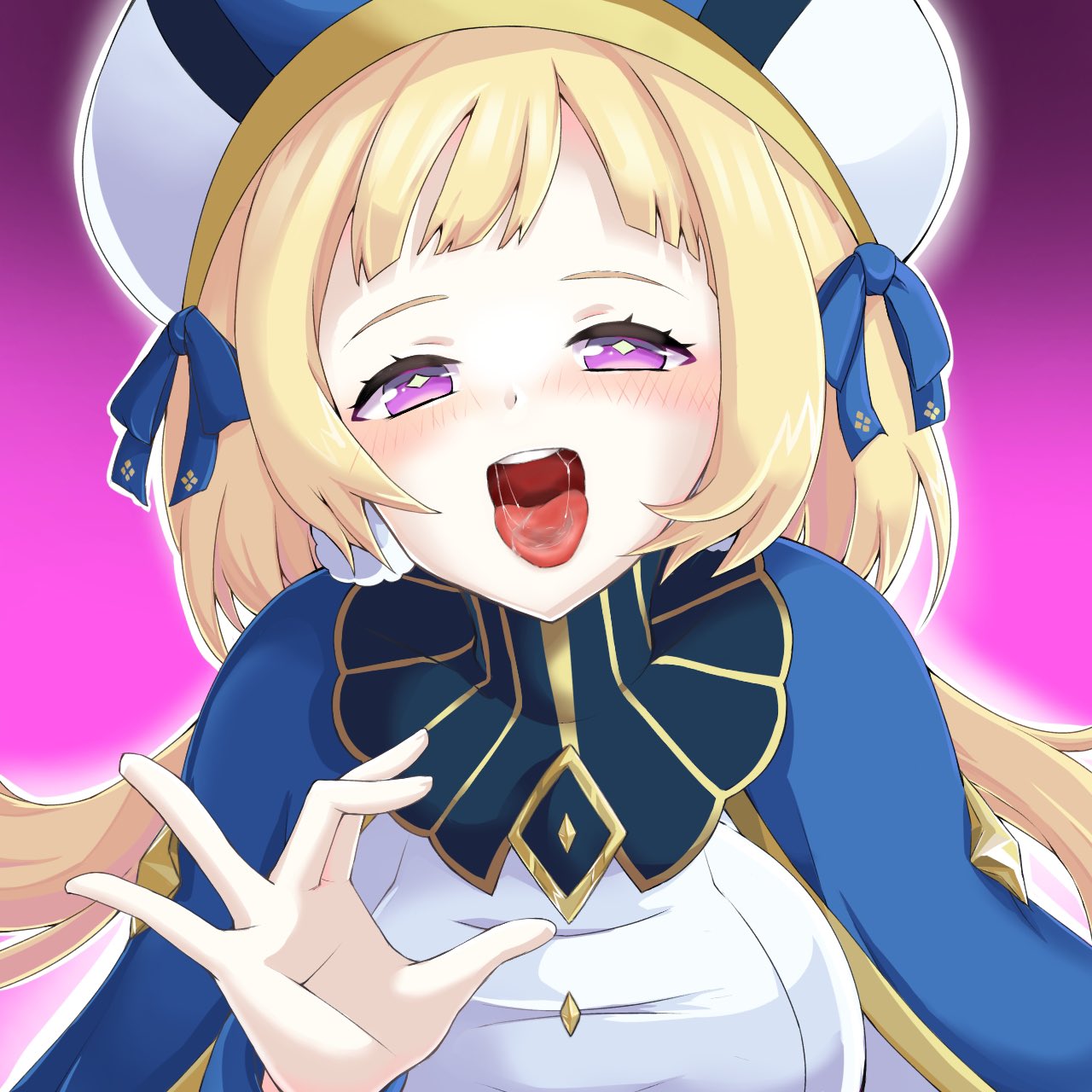 +_+ 1girl bangs blonde_hair breasts chosen_one's_archpriestess_veronica cloak guardian_tales hat highres looking_at_viewer medium_breasts open_mouth purple_background saliva schnee_tan short_hair_with_long_locks solo tongue upper_body violet_eyes