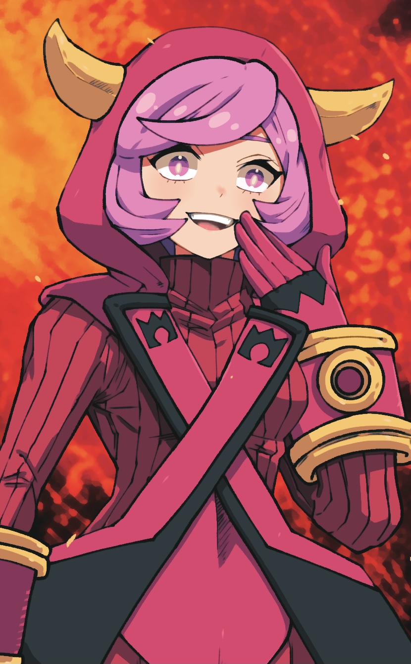 1girl bangs batchgooya breasts bright_pupils commentary_request courtney_(pokemon) dress eyelashes fake_horns fire gloves hand_up highres hood hood_up horns logo open_mouth pokemon pokemon_(game) pokemon_oras purple_hair red_dress ribbed_dress short_hair smile solo swept_bangs team_magma team_magma_uniform teeth tongue turtleneck_dress upper_teeth violet_eyes