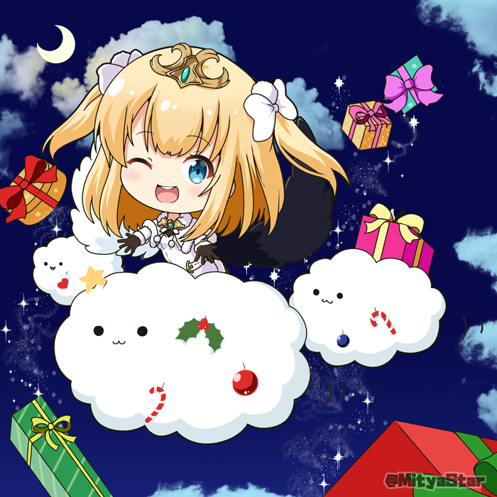 1girl ;d bangs black_gloves black_wings blonde_hair blue_eyes bow box candy candy_cane capelet christmas christmas_ornaments clouds commentary_request crescent_moon dress eyebrows_visible_through_hair food fur-trimmed_capelet fur-trimmed_sleeves fur_trim gift gift_box gloves hair_bow heart long_sleeves looking_at_viewer maaru_(shironeko_project) mismatched_wings mitya moon night night_sky one_eye_closed shironeko_project sky smile solid_circle_eyes solo star_(sky) star_(symbol) starry_sky tiara twitter_username two_side_up white_bow white_capelet white_dress white_wings wings