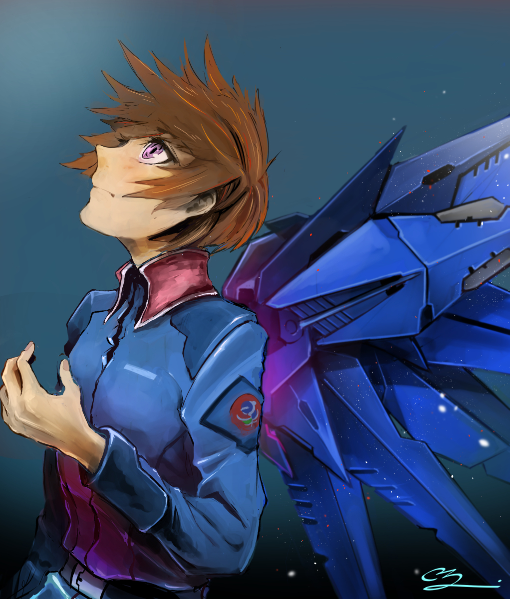 1boy belt black_belt blue_jacket brown_hair denjyou23 freedom_gundam from_side gundam gundam_seed hair_behind_ear highres jacket kira_yamato looking_up male_focus mechanical_wings military military_uniform signature solo uniform upper_body violet_eyes wings