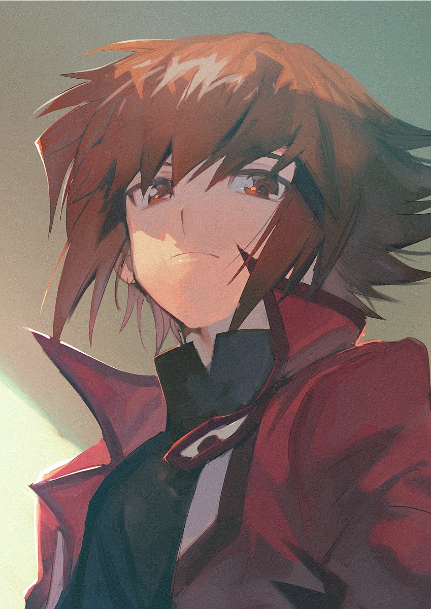 1boy aoki_(fumomo) bangs brown_eyes brown_hair collared_jacket duel_academy_uniform_(yu-gi-oh!_gx) expressionless hair_between_eyes highres jacket long_sleeves looking_at_viewer male_focus multicolored_hair open_clothes red_jacket school_uniform short_hair smile solo two-tone_hair upper_body wind yu-gi-oh! yu-gi-oh!_gx yuuki_juudai