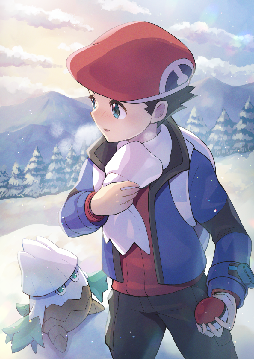 1boy black_hair black_pants blue_jacket breath clouds cold commentary_request day hand_up hat highres holding holding_poke_ball jacket long_sleeves lucas_(pokemon) male_focus outdoors pants poke_ball poke_ball_(basic) pokemon pokemon_(creature) pokemon_(game) pokemon_dppt pokemon_platinum red_headwear red_sweater scarf short_hair sky snover snow spiky_hair standing sweater tree white_scarf zeroki_(izuno)