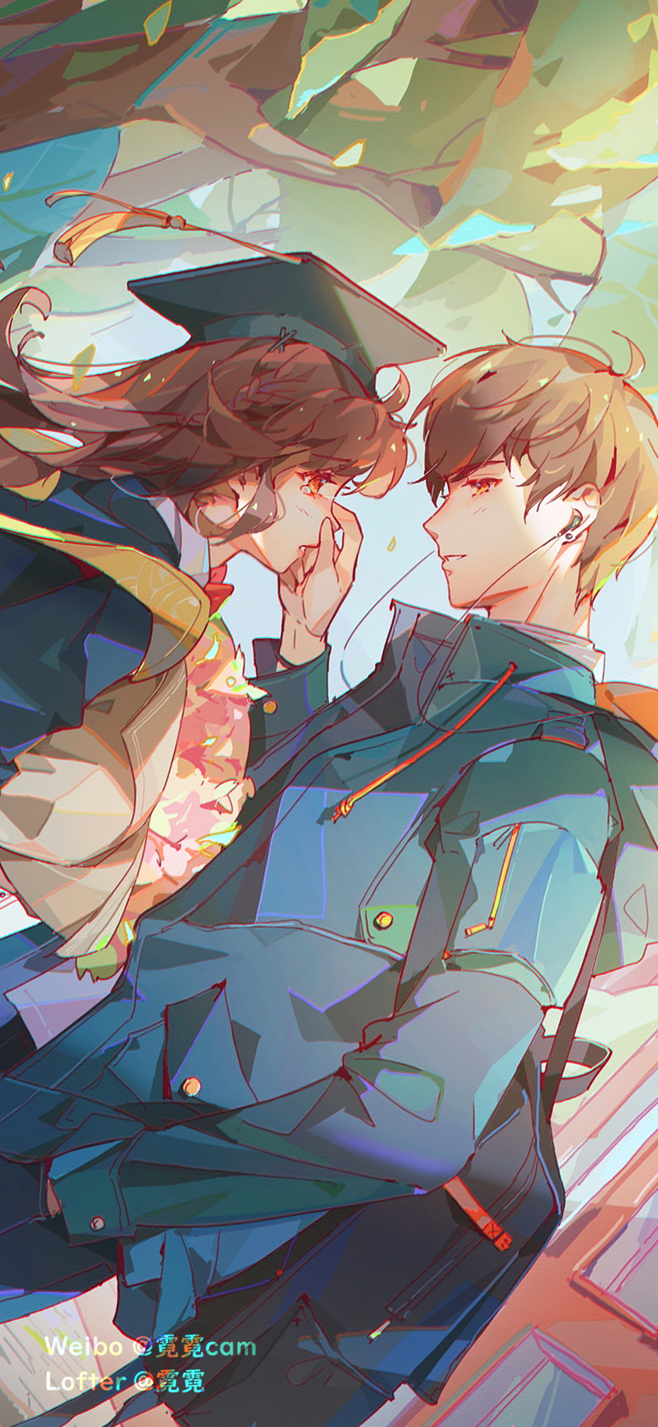 1boy 1girl bag bai_qi_(love_and_producer) bangs blue_jacket blue_pants brown_eyes brown_hair crying crying_with_eyes_open earphones earphones graduation grin hat highres jacket leaf long_hair long_sleeves looking_at_another love_and_producer mortarboard pants protagonist_(love_and_producer) rabbitcamilla short_hair smile tears teeth touching tree