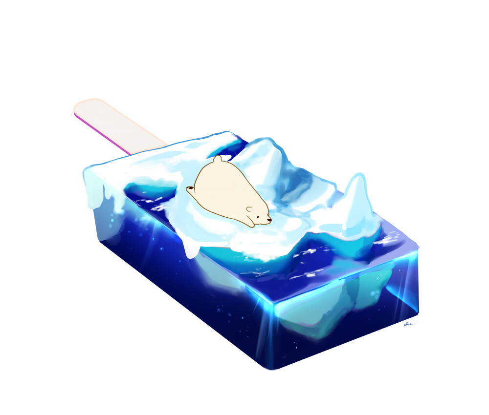animal_focus artist_name bear chai commentary food ice lying no_humans ocean on_stomach original polar_bear popsicle popsicle_stick signature simple_background undersized_animal water white_background