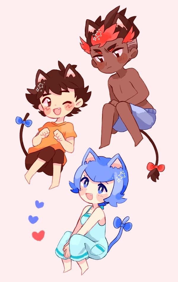 1girl 2boys ;d animal_ears ash_ketchum bangs bare_arms barefoot blue_eyes blue_hair blush bright_pupils brown_eyes brown_hair brown_pants capri_pants catsubun_(kkst0904) clenched_hands closed_mouth commentary dark-skinned_male dark_skin eyelashes fang kiawe_(pokemon) lana_(pokemon) multicolored_hair multiple_boys one_eye_closed open_mouth orange_shirt own_hands_together pants pokemon pokemon_(anime) pokemon_sm_(anime) shirt short_hair short_sleeves shorts smile t-shirt tail tongue topless_male undercut white_pupils