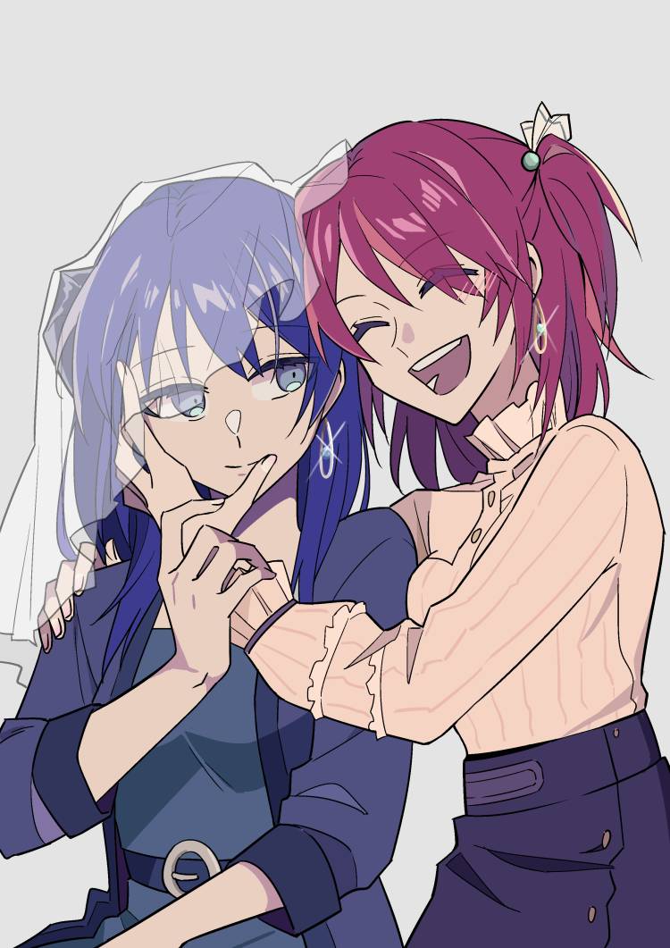 2girls alternate_hairstyle arknights bangs blue_eyes blue_hair blush bridal_veil chinese_commentary closed_eyes closed_mouth earrings exusiai_(arknights) eyebrows_visible_through_hair hand_on_another's_shoulder jewelry long_hair mostima_(arknights) multiple_girls open_mouth redhead shangguzhilang side_ponytail veil