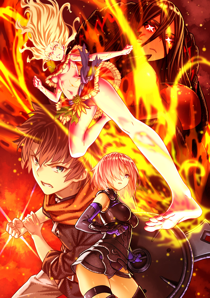 1girl 3girls armor bangs bare_arms bare_legs bare_shoulders barefoot black_hair blonde_hair blue_eyes breasts coat fate/grand_order fate_(series) fire fujimaru_ritsuka_(male) hair_between_eyes hair_over_one_eye highres horns incoming_attack long_hair looking_at_viewer mash_kyrielight multiple_girls no_bra open_mouth porikeracchou purple_hair quetzalcoatl_(fate) scarf short_hair skirt tiamat_(fate) twintails violet_eyes yellow_eyes