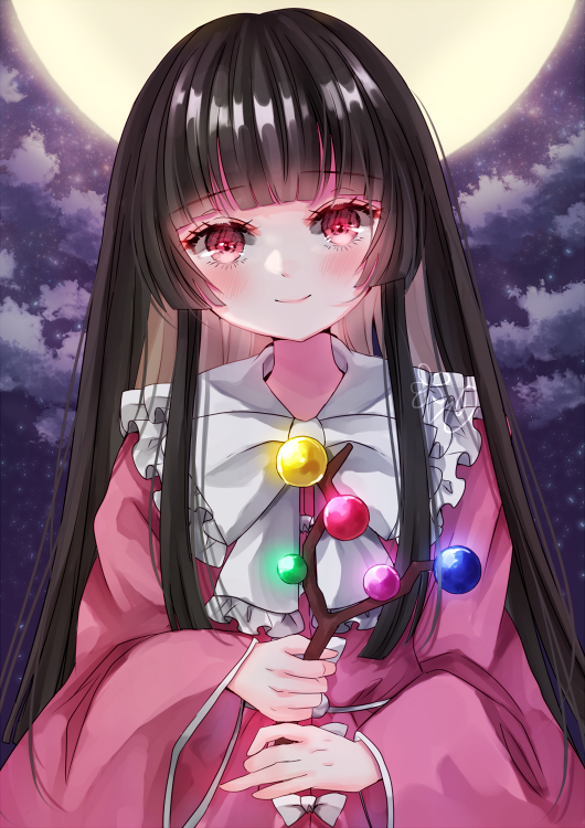 1girl bangs belt black_hair blouse blush bow bowtie closed_mouth clouds cloudy_sky collar collared_blouse eyebrows_visible_through_hair frills hands_up houraisan_kaguya jaku_sono jeweled_branch_of_hourai long_hair long_sleeves looking_at_viewer moon multicolored_eyes night night_sky pink_blouse pink_eyes pink_sleeves purple_sky red_eyes sidelocks sky smile solo touhou treasure white_belt white_bow white_bowtie wide_sleeves yellow_moon