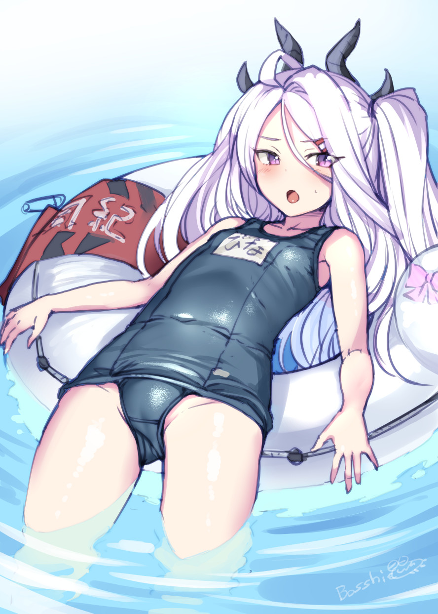1girl ahoge blue_archive blush bosshi collarbone covered_navel hair_between_eyes hair_ornament hairclip highres hina_(blue_archive) horns innertube long_hair looking_at_viewer lying on_back open_mouth school_swimsuit solo swimsuit violet_eyes water white_hair