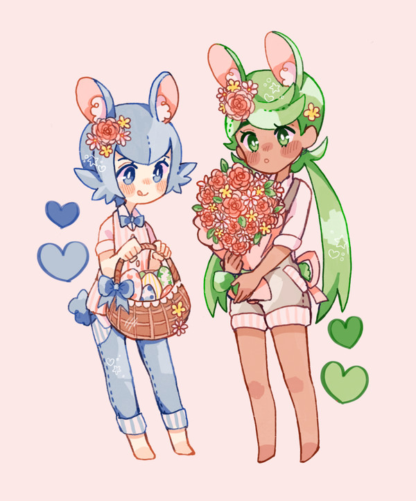 2girls :o :q alternate_costume bangs basket blue_eyes blue_hair blush_stickers bouquet bright_pupils buttons catsubun_(kkst0904) closed_mouth commentary dark-skinned_female dark_skin egg flower green_eyes green_hair grey_overalls heart holding lana_(pokemon) long_hair mallow_(pokemon) multiple_girls overall_shorts overalls pants pink_flower pokemon pokemon_(anime) pokemon_sm_(anime) shirt short_hair smile standing swept_bangs tongue tongue_out twintails white_pupils